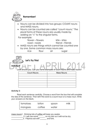 8
Activity 2:
Look around you. Can you name examples of count nouns and mass nouns?
Count Nouns Mass Nouns
Activity 3:
Read each sentence carefully. Choose a word from the box that will complete
the idea of the sentence. Then tell if the word is a count noun or a mass noun. Write
your answers on the blank.
mass nouns1. Drinking lots of coffee will keep you awake.
___________ 2. I will use some ______ on my skin so it will not be dry.
___________3. Filipinos eat with ______ and fork.
Let’s Try This!
Remember!
 Nouns can be divided into two groups: COUNT nouns
and MASS nouns.
 Nouns can be counted are called “count nouns.” The
plural forms of these nouns are usually made by
adding an “s” to the singular forms.
For example:
flower – flowers kite – kites
road – roads friend – friends
 MASS nouns are things which cannot be counted one
by one. Some common mass nouns are:
rice flour oil sugar
tomatoes lotion spoon milk
mangoes coffee water
 