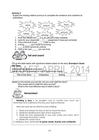 127
Activity 3
Supply the missing relative pronoun to complete the sentence and underline its
antecedent.
1. Even the wisest man ____ ever lived did make mistakes.
2. Look for your classmate _______ assignment I have just corrected.
3. This is the kind of pet _____ I wish to own.
4. A thing _____ can’t move is not living.
5. ____ is done cannot be undone.
6. Jack is the man _____ you can trust.
Fill up the table below with significant details based on the story Grandpa’s Good
Old Days.
Make a similar table on your paper.
Recall your prior knowledge on how to summarize a story.
Title of the Story Characters Setting Plot
Based on the activity you just did, can you now retell the story?
Who would want to retell the story we had?
What is the most effective way to retell a story?
Remember!
Tell and Learn!
Retelling a story is an excellent way to monitor how much you
remember and understand the story your read or listened.
Here are some tips for effective story retelling:
1. Read and reread the story or text to check the facts.
2. Retell the details/events right and in sequence.
3. Retell the story expressively in your own words and voice. Don’t
memorize the author’s words.
4. Retell with correct facts.
In retelling a story, remember to speak clearly, fluently and confidently.
who thatwhich
whom
whose
what
 