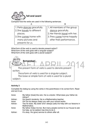 143
Compare how the verbs are used in the following sentences:
A B
What form of the verb is used to denote present action?
What form of the verb goes with a singular subject?
What form of the verb goes with a plural subject?
Activity 3
Complete the dialog by using the verbs in the parenthesis in its correct form. Read
and act it out.
Irene: My father (treat) the sick. He is a doctor. What does your father do
Adrian?
Adrian: He (teach) students. He is a Mathematics teacher.
Irene: Oh! So he always (help) you with your school works.
Adrian: Yes he does. My sister and I always (ask) his help with our lessons in
Mathematics.
Irene: My father (help) me too. But many people (come) to our house to ask
his help, so he seldom has time to do it.
Adrian: It’s okay. He (give) service to others after all.
The present form of verb is used to denote present
action.
The s form of verb is used for a singular subject.
The base or simple form of verb is used for a plural
subject.
Remember!
Tell and Learn!
1.Perla dances gracefully.
2.She travels to different
places.
3.She comes home with
many pictures and
presents for us.
1.All members of the group
dance gracefully.
2.Her friends travel with her.
3.They come home happily
after their performance.
 