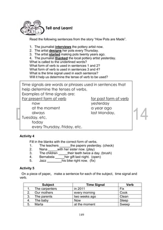149
Read the following sentences from the story “How Pots are Made”.
1. The journalist interviews the pottery artist now.
2. The artist designs her pots every Thursday.
3. The artist started making pots twenty years ago.
4. The journalist thanked the local pottery artist yesterday.
What is called to the underlined words?
What form of verb is used in sentences 1 and 2?
What form of verb is used in sentences 3 and 4?
What is the time signal used in each sentence?
Will it help us determine the tense of verb to be used?
Activity 4
Fill in the blanks with the correct form of verbs.
1. The teachers ______the papers yesterday. (check)
2. Nana _____with her sister now. (play)
3. The children _____their teeth twice a day. (brush)
4. Bernabela _____her gift last night. (open)
5. Jazz ________his bike right now. (fix)
Activity 5
On a piece of paper, make a sentence for each of the subject, time signal and
verb.
Subject Time Signal Verb
1. The carpenters in 2011 Fix
2. Our mothers every morning Cook
3. The parents two weeks ago Clean
4. The baby Now Sleep
5. Marta at the moment Sweep
Tell and Learn!
Time signals are words or phrases used in sentences that
help determine the tenses of verbs.
Examples of time signals are:
For present form of verb for past form of verb
now yesterday
at the moment a year ago
always last Monday,
Tuesday, etc.
today
every Thursday, Friday, etc.
 