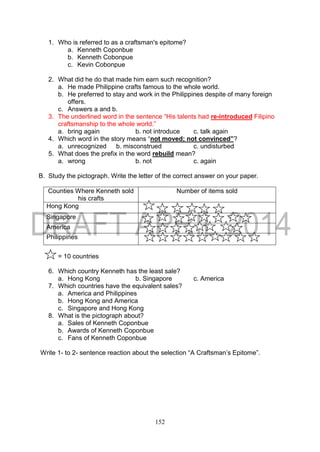 152
1. Who is referred to as a craftsman's epitome?
a. Kenneth Coponbue
b. Kenneth Cobonpue
c. Kevin Cobonpue
2. What did he do that made him earn such recognition?
a. He made Philippine crafts famous to the whole world.
b. He preferred to stay and work in the Philippines despite of many foreign
offers.
c. Answers a and b.
3. The underlined word in the sentence “His talents had re-introduced Filipino
craftsmanship to the whole world.”
a. bring again b. not introduce c. talk again
4. Which word in the story means “not moved; not convinced”?
a. unrecognized b. misconstrued c. undisturbed
5. What does the prefix in the word rebuild mean?
a. wrong b. not c. again
B. Study the pictograph. Write the letter of the correct answer on your paper.
Counties Where Kenneth sold
his crafts
Number of items sold
Hong Kong
Singapore
America
Philippines
= 10 countries
6. Which country Kenneth has the least sale?
a. Hong Kong b. Singapore c. America
7. Which countries have the equivalent sales?
a. America and Philippines
b. Hong Kong and America
c. Singapore and Hong Kong
8. What is the pictograph about?
a. Sales of Kenneth Coponbue
b. Awards of Kenneth Coponbue
c. Fans of Kenneth Coponbue
Write 1- to 2- sentence reaction about the selection “A Craftsman’s Epitome”.
 