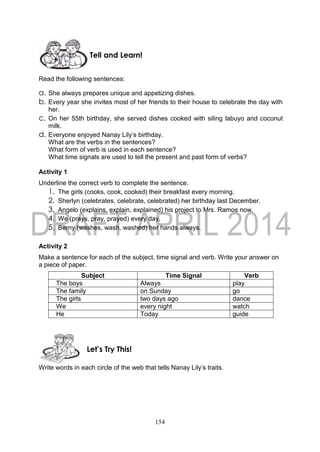 154
Read the following sentences:
a. She always prepares unique and appetizing dishes.
b. Every year she invites most of her friends to their house to celebrate the day with
her.
c. On her 55th birthday, she served dishes cooked with siling labuyo and coconut
milk.
d. Everyone enjoyed Nanay Lily’s birthday.
What are the verbs in the sentences?
What form of verb is used in each sentence?
What time signals are used to tell the present and past form of verbs?
Activity 1
Underline the correct verb to complete the sentence.
1. The girls (cooks, cook, cooked) their breakfast every morning.
2. Sherlyn (celebrates, celebrate, celebrated) her birthday last December.
3. Angelo (explains, explain, explained) his project to Mrs. Ramos now.
4. We (prays, pray, prayed) every day.
5. Berny (washes, wash, washed) her hands always.
Activity 2
Make a sentence for each of the subject, time signal and verb. Write your answer on
a piece of paper.
Subject Time Signal Verb
The boys Always play
The family on Sunday go
The girls two days ago dance
We every night watch
He Today guide
Write words in each circle of the web that tells Nanay Lily’s traits.
Let’s Try This!
Tell and Learn!
 