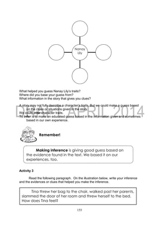 155
Making inference is giving good guess based on
the evidence found in the text. We based it on our
experiences, too.
What helped you guess Nanay Lily’s traits?
Where did you base your guess from?
What information in the story that gives you clues?
A story may not fully describe a character’s traits. But we could make a guess based
on the clues or situations given in the story.
We could infer character traits.
To infer is to make an educated guess based in the information given and sometimes
based in our own experience.
Activity 3
Read the following paragraph. On the illustration below, write your inference
and the evidences or clues that helped you make the inference.
Remember!
Tina threw her bag to the chair, walked past her parents,
slammed the door of her room and threw herself to the bed.
How does Tina feel?
Nanay
Lily
 