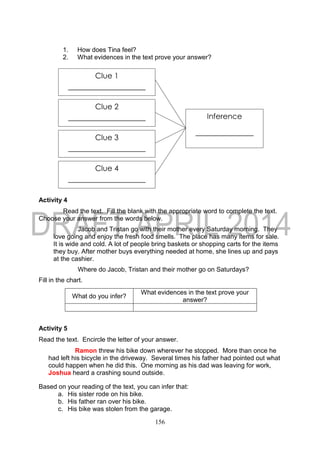 156
1. How does Tina feel?
2. What evidences in the text prove your answer?
Activity 4
Read the text. Fill the blank with the appropriate word to complete the text.
Choose your answer from the words below.
Jacob and Tristan go with their mother every Saturday morning. They
love going and enjoy the fresh food smells. The place has many items for sale.
It is wide and cold. A lot of people bring baskets or shopping carts for the items
they buy. After mother buys everything needed at home, she lines up and pays
at the cashier.
Where do Jacob, Tristan and their mother go on Saturdays?
Fill in the chart.
Activity 5
Read the text. Encircle the letter of your answer.
Ramon threw his bike down wherever he stopped. More than once he
had left his bicycle in the driveway. Several times his father had pointed out what
could happen when he did this. One morning as his dad was leaving for work,
Joshua heard a crashing sound outside.
Based on your reading of the text, you can infer that:
a. His sister rode on his bike.
b. His father ran over his bike.
c. His bike was stolen from the garage.
What do you infer?
What evidences in the text prove your
answer?
Clue 1
Clue 2
Clue 3
Clue 4
Inference
 