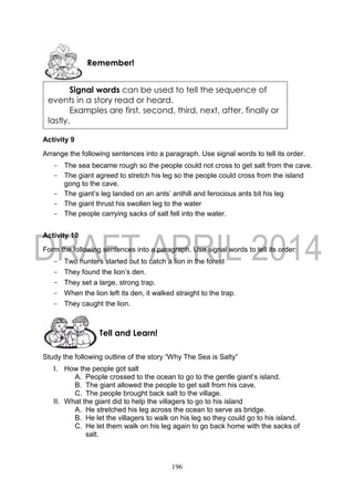196
Activity 9
Arrange the following sentences into a paragraph. Use signal words to tell its order.
- The sea became rough so the people could not cross to get salt from the cave.
- The giant agreed to stretch his leg so the people could cross from the island
gong to the cave.
- The giant’s leg landed on an ants’ anthill and ferocious ants bit his leg
- The giant thrust his swollen leg to the water
- The people carrying sacks of salt fell into the water.
Activity 10
Form the following sentences into a paragraph. Use signal words to tell its order:
- Two hunters started out to catch a lion in the forest
- They found the lion’s den.
- They set a large, strong trap.
- When the lion left its den, it walked straight to the trap.
- They caught the lion.
Study the following outline of the story “Why The Sea is Salty”
I. How the people got salt
A. People crossed to the ocean to go to the gentle giant’s island.
B. The giant allowed the people to get salt from his cave.
C. The people brought back salt to the village.
II. What the giant did to help the villagers to go to his island
A. He stretched his leg across the ocean to serve as bridge.
B. He let the villagers to walk on his leg so they could go to his island.
C. He let them walk on his leg again to go back home with the sacks of
salt.
Tell and Learn!
Remember!
Signal words can be used to tell the sequence of
events in a story read or heard.
Examples are first, second, third, next, after, finally or
lastly.
 