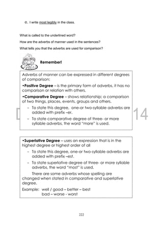 222
e. I write most legibly in the class.
What is called to the underlined word?
How are the adverbs of manner used in the sentences?
What tells you that the adverbs are used for comparison?
Remember!
Adverbs of manner can be expressed in different degrees
of comparison:
•Positive Degree – is the primary form of adverbs, it has no
comparison or relation with others.
•Comparative Degree – shows relationship; a comparison
of two things, places, events, groups and others.
- To state this degree, one-or two-syllable adverbs are
added with prefix –er.
- To state comparative degree of three- or more
syllable adverbs, the word “more” is used.
•Superlative Degree – uses an expression that is in the
highest degree or highest order of all
- To state this degree, one-or two-syllable adverbs are
added with prefix –est.
- To state superlative degree of three- or more syllable
adverbs, the word “most” is used.
There are some adverbs whose spelling are
changed when stated in comparative and superlative
degree.
Example: well / good – better – best
bad – worse - worst
 