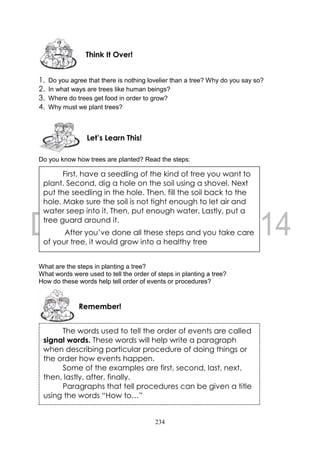 234
1. Do you agree that there is nothing lovelier than a tree? Why do you say so?
2. In what ways are trees like human beings?
3. Where do trees get food in order to grow?
4. Why must we plant trees?
Do you know how trees are planted? Read the steps:
What are the steps in planting a tree?
What words were used to tell the order of steps in planting a tree?
How do these words help tell order of events or procedures?
Remember!
Let’s Learn This!
Think It Over!
First, have a seedling of the kind of tree you want to
plant. Second, dig a hole on the soil using a shovel. Next
put the seedling in the hole. Then, fill the soil back to the
hole. Make sure the soil is not tight enough to let air and
water seep into it. Then, put enough water. Lastly, put a
tree guard around it.
After you’ve done all these steps and you take care
of your tree, it would grow into a healthy tree
The words used to tell the order of events are called
signal words. These words will help write a paragraph
when describing particular procedure of doing things or
the order how events happen.
Some of the examples are first, second, last, next,
then, lastly, after, finally.
Paragraphs that tell procedures can be given a title
using the words “How to…”
 