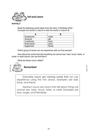 34
Activity 2
Read the following words taken from the story “A Birthday Wish.”
Compare the words in column A with the words in column B.
A B
Excitement smile
Surprise gift
Loneliness tears
Enthusiasm party
Eagerness family
Which group of words can we experience with our five senses?
How about the words that tell something we cannot see, hear, touch, taste, or
smell, in what column can we find them?
What are these nouns called?
Concrete nouns are naming words that we can
experience using the five senses. Examples are ball,
book, and friend.
Abstract nouns are nouns that tell about things we
cannot see, hear, touch, taste, or smell. Examples are
love, anger, and friendship.
Remember!
Tell and Learn!
 