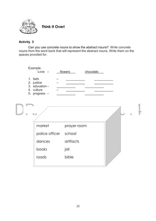 35
Activity 3
Can you use concrete nouns to show the abstract nouns? Write concrete
nouns from the word bank that will represent the abstract nouns. Write them on the
spaces provided for.
Example:
Love – flowers chocolate
1. faith –
2. justice –
3. education –
4. culture –
5. progress –
Think It Over!
market prayer room
police officer school
dances artifacts
books jail
roads bible
 