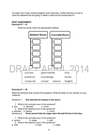 41
my sister and I enjoy cooking together every Saturday, mother teaches us how to
cook this weekend we are going To Bake a cake we are excited about it
POST ASSESSMENT
Exercise # 1 – A:
Write the words under the appropriate heading.
Exercise # 1 – B:
Read the sentence then answer the questions. Write the letter of your answer on your
notebook.
Sentence 1: She admired her beauty in the mirror.
1. What is the concrete noun in the sentence?
a. she b. admired c. mirror
2. What is the abstract noun in the sentence?
a. admired b. beauty c. mirror
Sentence 2: Ernie cannot hide his anger when the ball hit him in the face.
1. What is the concrete noun in the sentence?
a. cannot b. anger c. ball
2. What is the abstract noun in the sentence?
a. hide b. face c. anger
success gold medals love
patience knowledge books
computer school peace flaglets
 