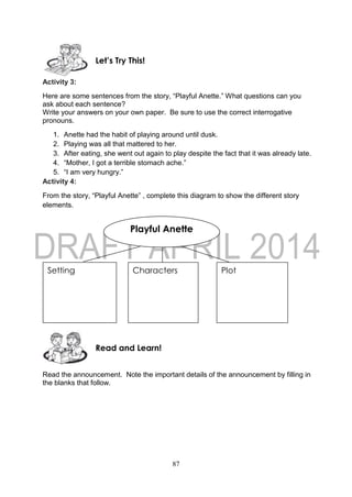 87
Activity 3:
Here are some sentences from the story, “Playful Anette.” What questions can you
ask about each sentence?
Write your answers on your own paper. Be sure to use the correct interrogative
pronouns.
1. Anette had the habit of playing around until dusk.
2. Playing was all that mattered to her.
3. After eating, she went out again to play despite the fact that it was already late.
4. “Mother, I got a terrible stomach ache.”
5. “I am very hungry.”
Activity 4:
From the story, “Playful Anette” , complete this diagram to show the different story
elements.
Read the announcement. Note the important details of the announcement by filling in
the blanks that follow.
Read and Learn!
Playful Anette
Setting PlotCharacters
Let’s Try This!
 