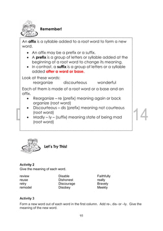 93
Activity 2
Give the meaning of each word.
review Disable Faithfully
reuse Dishonest really
retry Discourage Bravely
remodel Disobey Meekly
Activity 3
Form a new word out of each word in the first column. Add re-, dis- or –ly. Give the
meaning of the new word.
Let’s Try This!
Remember!
An affix is a syllable added to a root word to form a new
word.
 An affix may be a prefix or a suffix.
 A prefix is a group of letters or syllable added at the
beginning of a root word to change its meaning.
 In contrast, a suffix is a group of letters or a syllable
added after a word or base.
Look at these words:
reorganize discourteous wonderful
Each of them is made of a root word or a base and an
affix.
 Reorganize – re (prefix) meaning again or back
organize (root word)
 Discourteous – dis (prefix) meaning not courteous
(root word)
 Madly – ly – (suffix) meaning state of being mad
(root word)
 