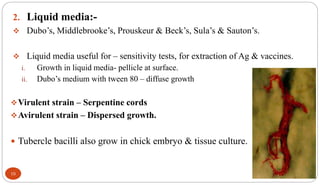 2. Liquid media:-
 Dubo’s, Middlebrooke’s, Prouskeur & Beck’s, Sula’s & Sauton’s.
 Liquid media useful for – sensitivity tests, for extraction of Ag & vaccines.
i. Growth in liquid media- pellicle at surface.
ii. Dubo’s medium with tween 80 – diffuse growth
Virulent strain – Serpentine cords
Avirulent strain – Dispersed growth.
 Tubercle bacilli also grow in chick embryo & tissue culture.
10
 