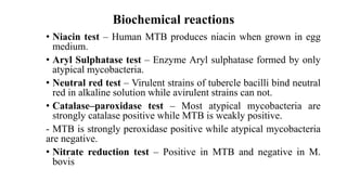 Biochemical reactions
• Niacin test – Human MTB produces niacin when grown in egg
medium.
• Aryl Sulphatase test – Enzyme Aryl sulphatase formed by only
atypical mycobacteria.
• Neutral red test – Virulent strains of tubercle bacilli bind neutral
red in alkaline solution while avirulent strains can not.
• Catalase–paroxidase test – Most atypical mycobacteria are
strongly catalase positive while MTB is weakly positive.
- MTB is strongly peroxidase positive while atypical mycobacteria
are negative.
• Nitrate reduction test – Positive in MTB and negative in M.
bovis
 