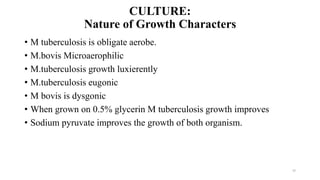 CULTURE:
Nature of Growth Characters
• M tuberculosis is obligate aerobe.
• M.bovis Microaerophilic
• M.tuberculosis growth luxierently
• M.tuberculosis eugonic
• M bovis is dysgonic
• When grown on 0.5% glycerin M tuberculosis growth improves
• Sodium pyruvate improves the growth of both organism.
52
 