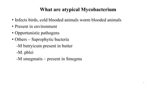 What are atypical Mycobacterium
• Infects birds, cold blooded animals worm blooded animals
• Present in environment
• Opportunistic pathogens
• Others – Saprophytic bacteria
-M butryicum present in butter
-M. phlei
-M smegmatis – present in Smegma
8
 