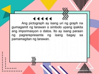 C.a. Geronimo Files
Ang pictograph ay isang uri ng graph na
gumagamit ng larawan o simbolo upang ipakita
ang impormasyon o datos. Ito ay isang paraan
ng pagrerepresenta ng isang bagay sa
pamamagitan ng larawan.
 