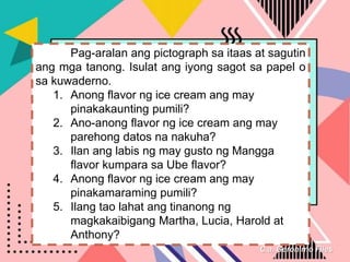 C.a. Geronimo Files
Pag-aralan ang pictograph sa itaas at sagutin
ang mga tanong. Isulat ang iyong sagot sa papel o
sa kuwaderno.
1. Anong flavor ng ice cream ang may
pinakakaunting pumili?
2. Ano-anong flavor ng ice cream ang may
parehong datos na nakuha?
3. Ilan ang labis ng may gusto ng Mangga
flavor kumpara sa Ube flavor?
4. Anong flavor ng ice cream ang may
pinakamaraming pumili?
5. Ilang tao lahat ang tinanong ng
magkakaibigang Martha, Lucia, Harold at
Anthony?
 