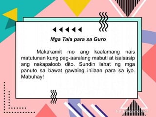 C.a. Geronimo Files
Mga Tala para sa Guro
Makakamit mo ang kaalamang nais
matutunan kung pag-aaralang mabuti at isaisasip
ang nakapaloob dito. Sundin lahat ng mga
panuto sa bawat gawaing inilaan para sa iyo.
Mabuhay!
 