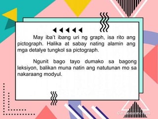 C.a. Geronimo Files
May iba’t ibang uri ng graph, isa rito ang
pictograph. Halika at sabay nating alamin ang
mga detalye tungkol sa pictograph.
Ngunit bago tayo dumako sa bagong
leksiyon, balikan muna natin ang natutunan mo sa
nakaraang modyul.
 