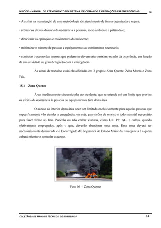 MSICOE – MANUAL DE ATENDIMENTO DO SISTEMA DE COMANDO E OPERAÇÕES EM EMERGÊNCIAS                   14

• Auxiliar na manutenção de uma metodologia de atendimento de forma organizada e segura;

• reduzir os efeitos danosos da ocorrência a pessoas, meio ambiente e patrimônio;

• direcionar as operações e movimentos do incidente;

• minimizar o número de pessoas e equipamentos ao estritamente necessário;

• controlar o acesso das pessoas que podem ou devem estar próximo ou não da ocorrência, em função
de sua atividade ou grau de ligação com a emergência.

            As zonas de trabalho estão classificadas em 3 grupos: Zona Quente, Zona Morna e Zona
Fria.

15.1 – Zona Quente

            Área imediatamente circunvizinha ao incidente, que se estende até um limite que previna
os efeitos da ocorrência às pessoas ou equipamentos fora desta área.

            O acesso ao interior desta área deve ser limitado exclusivamente para aquelas pessoas que
especificamente vão atender a emergência, ou seja, guarnições de serviço e todo material necessário
para fazer frente ao fato. Poderão ou não entrar viaturas, como UR, PP, AG, e outros, quando
efetivamente empregados, após o que, deverão abandonar essa zona. Essa zona deverá ser
necessariamente demarcada e o Encarregado de Segurança do Estado Maior da Emergência é a quem
caberá orientar e controlar o acesso.




                                        Foto 06 – Zona Quente




COLETÂNEA DE MANUAIS TÉCNICOS DE BOMBEIROS                                                      14
 