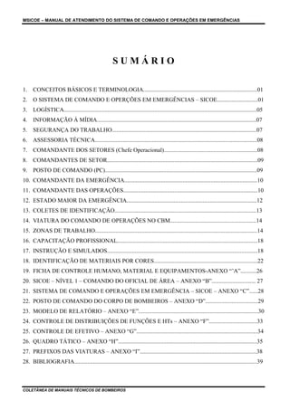 MSICOE – MANUAL DE ATENDIMENTO DO SISTEMA DE COMANDO E OPERAÇÕES EM EMERGÊNCIAS




                                                       SUMÁRIO

1.    CONCEITOS BÁSICOS E TERMINOLOGIA..............................................................................01
2.    O SISTEMA DE COMANDO E OPERÇÕES EM EMERGÊNCIAS – SICOE............................01
3.    LOGÍSTICA....................................................................................................................................05
4.    INFORMAÇÃO Á MÍDIA.............................................................................................................07
5.    SEGURANÇA DO TRABALHO...................................................................................................07
6.    ASSESSORIA TÉCNICA...............................................................................................................08
7.    COMANDANTE DOS SETORES (Chefe Operacional)................................................................08
8.    COMANDANTES DE SETOR.......................................................................................................09
9.    POSTO DE COMANDO (PC)........................................................................................................09
10. COMANDANTE DA EMERGÊNCIA...........................................................................................10
11. COMANDANTE DAS OPERAÇÕES............................................................................................10
12. ESTADO MAIOR DA EMERGÊNCIA.........................................................................................12
13. COLETES DE IDENTIFICAÇÃO.................................................................................................13
14. VIATURA DO COMANDO DE OPERAÇÕES NO CBM...........................................................14
15. ZONAS DE TRABALHO...............................................................................................................14
16. CAPACITAÇÃO PROFISSIONAL................................................................................................18
17. INSTRUÇÃO E SIMULADOS.......................................................................................................18
18. IDENTIFICAÇÃO DE MATERIAIS POR CORES.......................................................................22
19. FICHA DE CONTROLE HUMANO, MATERIAL E EQUIPAMENTOS-ANEXO “’A”...........26
20. SICOE – NÍVEL 1 – COMANDO DO OFICIAL DE ÁREA – ANEXO “B”.............................. 27
21. SISTEMA DE COMANDO E OPERAÇÕES EM EMERGÊNCIA – SICOE – ANEXO “C”......28
22. POSTO DE COMANDO DO CORPO DE BOMBEIROS – ANEXO “D”....................................29
23. MODELO DE RELATÓRIO – ANEXO “E”..................................................................................30
24. CONTROLE DE DISTRIBUIÇÕES DE FUNÇÕES E HTs – ANEXO “F”.................................33
25. CONTROLE DE EFETIVO – ANEXO “G”...................................................................................34
26. QUADRO TÁTICO – ANEXO “H”...............................................................................................35
27. PREFIXOS DAS VIATURAS – ANEXO “I”................................................................................38
28. BIBLIOGRAFIA.............................................................................................................................39



COLETÂNEA DE MANUAIS TÉCNICOS DE BOMBEIROS
 