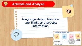 Language determines how
one thinks and process
information.
Activate and Analyze
 