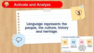Language represents the
people, the culture, history
and heritage.
Activate and Analyze
 