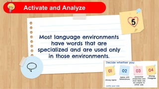 Most language environments
have words that are
specialized and are used only
in those environments.
Activate and Analyze
 