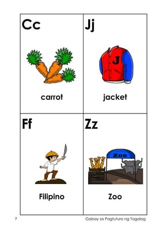 7 Gabay sa Pagtuturo ng Tagalog
Cc
carrot
Jj
jacket
Ff
Filipino
Zz
Zoo
 