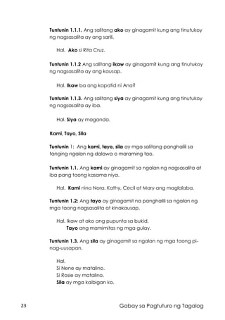 23 Gabay sa Pagtuturo ng Tagalog
Tuntunin 1.1.1. Ang salitang ako ay ginagamit kung ang tinutukoy
ng nagsasalita ay ang sarili.
Hal. Ako si Rita Cruz.
Tuntunin 1.1.2 Ang salitang ikaw ay ginagamit kung ang tinutukoy
ng nagsasalita ay ang kausap.
Hal. Ikaw ba ang kapatid ni Ana?
Tuntunin 1.1.3. Ang salitang siya ay ginagamit kung ang tinutukoy
ng nagsasalita ay iba.
Hal. Siya ay maganda.
Kami, Tayo, Sila
Tuntunin 1: Ang kami, tayo, sila ay mga salitang panghalili sa
tanging ngalan ng dalawa o maraming tao.
Tuntunin 1.1. Ang kami ay ginagamit sa ngalan ng nagsasalita at
iba pang taong kasama niya.
Hal. Kami nina Nora, Kathy, Cecil at Mary ang maglalaba.
Tuntunin 1.2: Ang tayo ay ginagamit na panghalili sa ngalan ng
mga taong nagsasalita at kinakausap.
Hal. Ikaw at ako ang pupunta sa bukid.
Tayo ang mamimitas ng mga gulay.
Tuntunin 1.3. Ang sila ay ginagamit sa ngalan ng mga taong pi-
nag-uusapan.
Hal.
Si Nene ay matalino.
Si Rosie ay matalino.
Sila ay mga kaibigan ko.
 