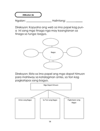 58
Ngalan: Halintang: _____
Direksyon: Kopyaha ang web sa imo papel kag pun-
a ini sang mga tinaga nga may kaangtanan sa
tinaga sa tunga: bagyo.
Direksyon: Ilista sa imo papel ang mga dapat himuon
para mahilway sa katalagman antes, sa tion kag
pagkatapos sang bagyo.
Bagyo
Mga Dapat Himuon
Antes sang Bagyo Sa Tion sang Bagyo Pagkatapos sang
Bagyo
Hilikuton 56
 