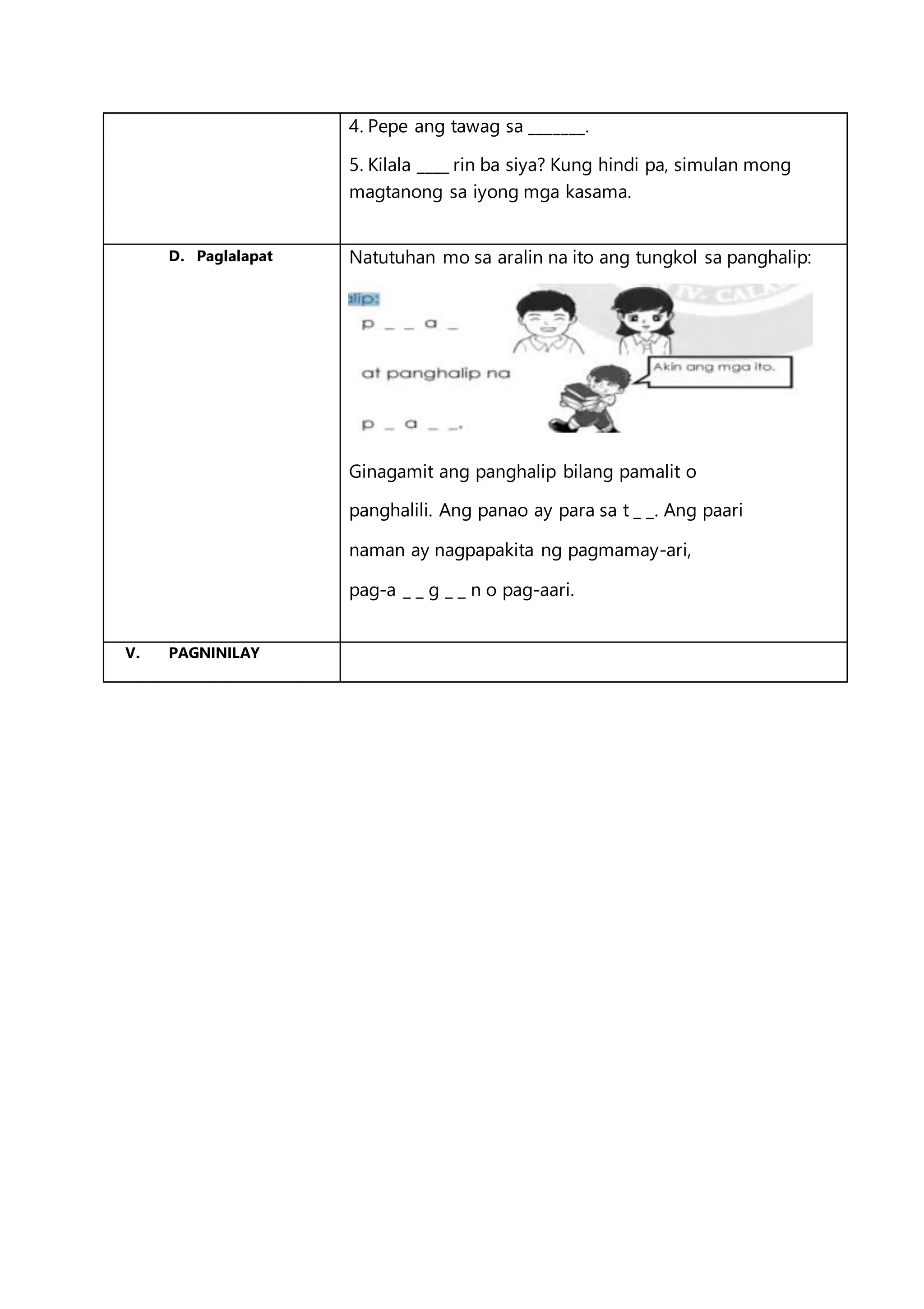 4. Pepe ang tawag sa _______.
5. Kilala ____ rin ba siya? Kung hindi pa, simulan mong
magtanong sa iyong mga kasama.
D. Paglalapat Natutuhan mo sa aralin na ito ang tungkol sa panghalip:
Ginagamit ang panghalip bilang pamalit o
panghalili. Ang panao ay para sa t _ _. Ang paari
naman ay nagpapakita ng pagmamay-ari,
pag-a _ _ g _ _ n o pag-aari.
V. PAGNINILAY
 