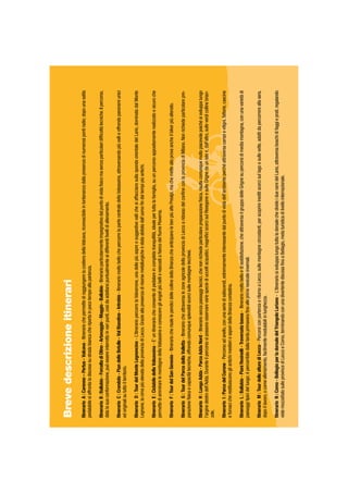 Brevedescrizioneitinerari
ItinerarioA:Carenno–Pertus-Valcava-ItinerariochepermettediraggiungerelacostieradellaValcava,riconoscibileinlontananzadallapresenzadinumerosipontiradio;dopounasalita
pedalabilesiaffrontaladiscesasustradabiancacheriportainpocotempoallapartenza.
ItinerarioB:Ballabio-ForcelladiOlino-Artavaggio-Maggio-Ballabio-Itinerarioparticolarmenteimpegnativodalpuntodivistaﬁsicomasenzaparticolaridifﬁcoltàtecniche.Ilpercorso,
datalasuaconformazione,puòessereinterrottoinvaripunti,cosìdaadattarsipuntualmenteaidifferentilivellidiallenamento.
ItinerarioC:Crandola-PiandelleBetulle-ValBiandino-Introbio-ItinerariomoltobellochepercorrelapartecentraledellaValsassina,attraversandopiùvallieoffrendopanoramiunici
edoriginalisututtoilterritorio.
ItinerarioD:TourdelMonteLegnoncino-L’itinerariopercorrelaValvarrone,unadellepiùaspreesuggestivevallichesiaffaccianosullaspondaorientaledelLario,dominatadalMonte
Legnone,lacimapiùelevatadellaprovinciadiLecco.Grazieallapresenzadirisorsemetallurgicheèstataabitatadall’uomoﬁndaitempipiùantichi.
ItinerarioE:CiclabiledellaValsassina-E’unitinerariocheconsentedipedalareincompletatranquillità,idealepertuttalafamiglia,suunpercorsoappositamenterealizzatoesicuroche
permettediammirarelemontagnedellaValsassinaeconosceregliangolipiùbellienascostiaﬁancodelﬁumePioverna.
ItinerarioF:TourdelSanGenesio-ItinerariocherisalelependicidellecollinedellaBrianzacheanticipanolebenpiùaltePrealpi,machemetteallaprovaancheilbikerpiùallenato.
ItinerarioG:TourdelParcodellaValletta-ItinerariocheattraversalezoneagricoledellaprovinciadiLeccoaridossodelconﬁneconlaprovinciadiMilano.Nonrichiedeparticolarepre-
parazioneﬁsicaecapacitàtecniche,offrendocomunquesplendidiscorcisullemontagnelecchesi.
ItinerarioH:LungoAdda-ParcoAddaNord-Itinerariosenzapassaggitecnici,chenonrichiedeparticolarepreparazioneﬁsica,risultacomunquemoltopiacevolepoichésisviluppalungo
l’arginedestrodell’Adda.Duranteilpercorsosipossonoosservarevariespeciediuccelliacquatici,magniﬁciscorcisulResegoneesulleGrignedaunlatoe,dall’altro,sulleverdicollinebrian-
zole.
ItinerarioI:ParcodelCurone-Percorsoadanello,conunaseriedisaliscendi,estremamenteinteressantedalpuntodivistadell’ambienteperchéattraversacampievitigni,fattorie,cascine
efornacicherestituisconogliantichimestieriesaporidellaBrianzacontadina.
ItinerarioL:Ballabio-PianiResinelli-Traversatabassa-Itinerariomoltobelloedisoddisfazione,cheattraversailgruppodelleGrignesupercorsidimediamontagna,conunavarietàdi
paesaggitipicidelluogo;èpercorribiledallatardaprimaveraﬁnoalleprimenevicateinvernali.
ItinerarioM:TourdellealturediLecco-PercorsiconpartenzaeritornoaLecco,sullemontagnecircostanti,perscoprireineditiscorcisullagoesullevette,adattidapercorrereallasera,
dopoillavoro,ocomeallenamento,facilmentemodulabiliinlunghezza.
ItinerarioN:Como-BellagioperladorsaledelTriangoloLariano-L’itinerariosisviluppalungotuttaladorsalechedivideidueramidelLario,attraversaboschidifaggieprati,regalando
vistemozzaﬁatosulleprovincediLeccoeComo,terminandoconunadivertentediscesaﬁnoaBellagio,metaturisticadilivellointernazionale.
 