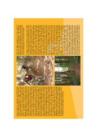 pochitornanticiseparanodalGPM(Gran
PremiodellaMontagna)diquestoitinerario.
GiuntiallaForcellaAlta(m1.358),valicoche
dividelaprovinciadiLeccodaquelladiBer-
gamo,unospiazzoinvitaallasostaperpre-
pararsialladiscesaeammirareilpanorama
sullePrealpi.Rimontatiinsellaallanostradue
ruoteiniziamosoddisfattiladiscesache,ini-
zialmente,ricalcailpercorsodisalita,perpoi
imboccareilsentierocheportaversol’abita-
todiCollediSogno,incorrispondenzadel
tornantesuccessivoalpuntodiimmissione
dellastradaperlaValcava.Questotrattodi
sentiero,nonpedalabilenellasuatotalità,in
pochiminutipermettediraggiungerel’abitato
diCollediSogno(m950).Dopoaverattraver-
satoicaratteristicivicoli,prenderelastrada
asfaltatacheindiscesaportaversoilcomune
diSogno.Primadiraggiungereilpaese,subi-
todopounacurvaversosinistra,imboccare
sulladestralastradacementataindiscesa
perIncasone(m831).Quisialternanotratti
conpendenzepiùripideadaltrimenoim-
pegnativi.Dopoaverpercorsocirca1km,si
raggiungeuncolleoltreilqualesiaprelaValle
diCarenno,doveilpercorsosidivide.Seguire
lastradadidestrache,dopoqualchecambio
dipendenza,ciportanelfondovalle,a200m
didistanzadalparcheggiodipartenza.
Thistrailtakestravellersuptothecoastof
Valcava,easilyrecognisableinthedistance
becauseofitsmanyradiolinks.Afteranuphill
cycle,awhiteroadwilltakeyoubackdownhill
toyourstartingpointinjustafewminutes.
ItbeginsattheCarennosportscentre(650
m),wherethepavedroadwilltakeyoudown
toBoccio(850).Oncepastthehouses,the
roadbecomesunpavedandbarredtomo-
tortrafﬁc.Theuphillclimbcontinuesinsidea
chestnutwood.Afterridingpastthelastfew
housesofBoccio,youwillseearighthand
turn.Ignoreit,andkeepgoingstraight.Keep
climbingpasttheMonteBessofarmhouse
(1,050m).Onceyoupassthesteepcement
ramp,youwillbeabletotakeabreatherfor
afewminutes.Thislastpartoftherouteis
markedbyshort,butverysteepclimbs,which
willtestyourresistanceasabiker.Oncebe-
lowtheConventofPertus(1,183m),ignore
theturnforthePasswiththesamename,and
keepgoingaroundthelasttwoturns,which
willgiveyouaviewoftheformerConventon
yourleft.Thetrailcontinuesalongthemain
road,passingundertheRistorodelPertuisino
(1,183m)andreaching–afterafewhundred
metres–theroadclimbinguptoValcava.
Atthispointyouareonlyafewturnsaway
fromthistrail’sMGP(MountainGrandPrix).
OnreachingtheForcellaAlta(1,358)–the
passdividingtheprovinceofLeccofromthe
provinceofBergamo-youwillﬁndaclearing
whereyoucanrest,admiretheviewoftheAl-
pinefoothills,andprepareyourselffortheride
down.Backinthesaddleofyourbike,anen-
joyabledownhillrideinitiallydoublingbackon
therouteyoutravelledcominguphillbefore
turningontothepath,willtakeyoutoColledi
 