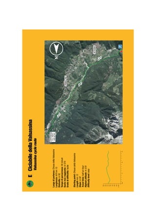 Luogodipartenza:ChiusadellaValsassina
Lunghezza:A/Rkm13
Dislivello:m92
Tempodipercorrenza:30minuti
Quotamaxraggiunta:m570
Gradodidifﬁcoltà:facile
Startingpoint:ChiusadellaValsassina
Length:km13
Slope:m92
Traveltime:halfanhour
Highestaltitude:m570
Difﬁcultylevel:easy
ECiclabiledellaValsassina
Valsassinacycleroute
 