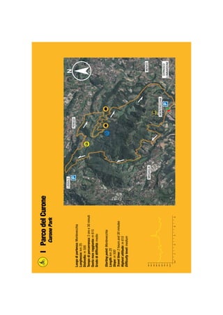 Luogodipartenza:Montevecchia
Lunghezza:km25
Dislivello:m500
Tempodipercorrenza:2oree30minuti
Quotamaxraggiunta:m615
Gradodidifﬁcoltà:medio
Startingpoint:Montevecchia
Length:km25
Slope:m500
Traveltime:2hoursand30minutes
Highestaltitude:m615
Difﬁcultylevel:medium
IParcodelCurone
CuronePark
 