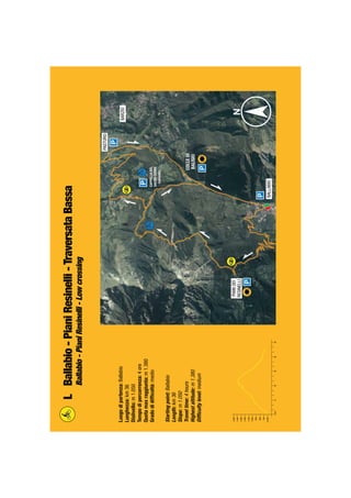 Luogodipartenza:Ballabio
Lunghezza:km36
Dislivello:m1.050
Tempodipercorrenza:4ore
Quotamaxraggiunta:m1.380
Gradodidifﬁcoltà:medio
Startingpoint:Ballabio
Length:km36
Slope:m1.050
Traveltime:4hours
Highestaltitude:m1.380
Difﬁcultylevel:medium
LBallabio-PianiResinelli-TraversataBassa
Ballabio-PianiResinelli-Lowcrossing
 