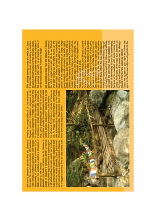 allacurva,tenerelasinistraﬁnoallachiesadi
Acquate.Quiscendereasinistra,attraversare
vialeTonale,svoltareasinistrainviaFoscolo:
percorrerlaindiscesaﬁnoalcimiterodiCa-
stelloperpoisvoltareadestraechiudereil
percorsosuviaPascoli.
Varianti:unabellavarianteperladiscesaè
quelladiseguireilsentierodietrolafunivia
(veditracciatosopradescritto)eappenagiun-
tiall’asfaltoabbandonarlosubitopersvoltare
sullapropriadestraseguendoisegnaviagialli
eazzurrisustradasterrata.Dopopocosvol-
tarenuovamenteadestraeseguireiltraccia-
toinleggeradiscesa,ﬁnoadunasvoltasulla
sinistraincorrispondenzadiunarecinzione.
Seguiresempreimedesimisegnaviaindi-
scesaepercorrereiltrattoﬁnoallasuaﬁne
incorrispondenzadiuncancello.Oraseguire
ilsentierosufondosassosoallapropriade-
stra,pocopedalabilepersoli100m,perpoi
rimontareinsellaﬁnoallastradasterratasulla
nostradestra.Seguirlaindiscesaﬁnoadun
incrociodoveproseguiamosulladestra.
Lastradasifaripidaeciriportainbrevesu
viaAiPoggicheattraversiamo(attenzione
alleautovetture)eciritroviamoinviaCosta
chiudendol’anello.Ripercorrereorailmede-
simopercorsoseguitoinsalita.
ThisstrikingitinerarystartsandendsinLecco.
Ittakesbikersonatourofitsnearbymountains
tosavourarrestingviewsofthelakeandpeaks.
Theitineraryissuitableandcanbeenjoyedin
theevening,afterwork,orastraining,sinceit
canbeeasilyadjustedintermsoflength.
WesuggestparkingnearthestadiuminLecco
(givingyouthechancetogettoknowsomeof
thecity’sneighbourhoods).GotoviaPascoli
andstartcyclinguptheslightinclineonthe
pavedroad.Whenyoureachtheroundabout,
keepgoingstraightonViaCaldoneuptothe
churchoftheneighbourhoodofOlate.Keep
goingstraightuntilyoureachthetrafﬁclights.
Crosstheroad,thentakeviaCernaiaandvia
GalileitothehamletofBonacina.Oncepastthe
hamlet,taketheonlybridgeontheright,withits
slightlyuphillslopeandcontinuestraight.You
willreachviaMovedoafterthehairpinbend.
Followtheroaduntilitends.
AttheendofviaMovedo,turnleftandpushthe
bicycleupthefewstepsthatwilltakeyoutothe
frontoftheChiesadellaMadonnadiLourdes
(ChurchofOurLadyofLourdes).Atthispoint,
getbackonyourbikeandtakethenarrow,cob-
bledpedestrianroadontheright(viaCapiloc-
cio).Attheendoftheroad,turnleftandfollow
thehairpinbend.Whenthisroadends(approxi-
matelyonehundredmetersfurtheron),keepgo-
ingstraightonthepaththatfollowsandwilltake
youpasttheprovincialroadtoBallabio.This
sectionoftheitineraryisshortbutchallenging,
becauseofitsroadbedwithloosestones(via
Costa).Attheendoftheroad,turnleftontovia
AiPoggiandfollowthepavedroadtoMalnago
(squareinfrontofthecablewaystation).
Crossthesquareonyourrightandfollowthe
signstotheStoppaniAlpinerefuge/MonteRe-
 