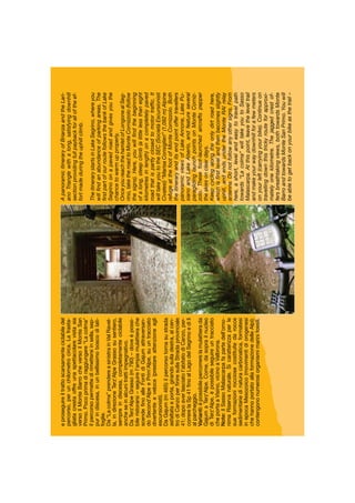 eproseguireiltrattoscarsamenteciclabiledel
percorso,perunchilometrocirca.Lafrasta-
gliatacrestaoffreunaspettacolarevistasia
versoilMonteBarrocheversoilMonteSan
Primo.Pocoprimadiraggiungere“Lacolma”
ilpercorsopermettedirimettersiinsella,sep-
purindiscesa,inunbellissimoboscodilati-
foglie.
Da“Lacolma”prendereasinistrainValRavel-
la,indirezioneTerz‘AlpeGrassosusentiero,
sempreindiscesa,completamenteciclabile
ancheseinalcunitrattiimpegnativo.
DaTerz‘AlpeGrasso(m790)–doveèpossi-
bileristorarsi–seguirel’ampiamulattierache
scendeﬁnoalleFontidiGajumattraversan-
doSecond’AlpeePrim’Alpe,suuntracciato
divertenteeveloce(prestareattenzioneagli
escursionisti).
DaGajum(m465)ilpercorsotornasustrada
asfaltataeporta,girandosulladestra,alcen-
trodiCanzoperﬁniresullaStradaprovinciale
41;dopoaverlasciatol’abitatodiCanzo,per-
correrelaSp41ﬁnoalLagodelSegrinoedilì
alparcheggio.
Varianti:èpossibilepercorrerelamulattierada
GajumaTerz‘Alpe.Come,dasoprailnucleo
diTerz‘Alpe,èpossibileseguireuntracciato
cheportaaVisino,vicinoaValbrona.
Note:ilSassoMalascarpafapartedell’omo-
nimaRiservanaturale.Sicaratterizzaperle
sueformazionirocciosecostituitedarocce
sedimentariedinaturacarbonatica,formatesi
inepocaMesozoico(movimentidiorogenesi
chehannoportatoallaformazionedelleAlpi);
contengononumerosiorganismimarinifossili.
ApanoramicitineraryofBrianzaandtheLari-
anoTrianglewithalong,satisfyingdownhill
sectionprovidingfullpaybackforalloftheef-
fortmadeduringtheuphillclimb.
TheitinerarystartsinLakeSegrino,whereyou
willﬁndanabundanceofparkingareas.The
ﬁrstpartofourroutefollowsthebankofLake
Segrinoonapavedroadandgivesyouthe
chancetowarmupproperly.
OnceyoureachthehamletofLongonealSeg-
rino,taketheroadtoMonteCornizzolo(follow
thesigns).Here,youwillﬁndthebeginning
ofalong,steepclimb(alittlelessthaneight
kilometresinlength)onacompletelypaved
roadthatispartlyclosedtomotortrafﬁc.It
willtakeyoutotheSEC(SocietàEscursionisti
Civatesi)“MarisaConsiglieri”(1,092m)Alpine
refugeatthefootofMonteCornizzolo.Both
theitineraryanditsendpointoffertravellers
panoramicviewsofLakeAnnone,LakePu-
sianoandLakeAlserio,andfeatureseveral
paraglidinglaunchpointsonMonteCorniz-
zolo.Thesefoot-launchedaircraftspepper
theskiesoncleardays.
Keepcyclingalongtheonlydirtroadhere,
whichisﬁrstlevelandthenbecomesslightly
uphill,andendsundertheMonteRAIrelay
antenna.Donotfollowanyothersigns.From
here,ashort,levelandeasytotravelpath
towards“Lacolma”willtakeyoutoSasso
Malascarpa.Atthispoint,leavetheleveltrail
andmakeyourwaydownhillforafewmeters
onyourleft(carryingyourbike).Continueon
travellingdownthistrickyrouteforapproxi-
matelyonekilometre.Thejaggedcrestof-
fersbreathtakingviews,bothtowardsMonte
BarroandtowardsMonteSanPrimo.Youwill
beabletogetbackonyourbikeasthetrail–
 