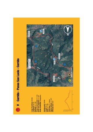 Luogodipartenza:Corrido
Lunghezza:km25
Dislivello:m1.180
Tempodipercorrenza:3/4ore
Quotamaxraggiunta:m1.541
Gradodidifﬁcoltà:impegnativo
Startingpoint:Corrido
Length:Km25
Slope:m1.180
Traveltime:3/4hours
Highestaltitude:m1.541
Difﬁcultylevel:hard
VCorrido-PassoSanLucio-Corrido
m0
10200km
250
500
750
1000
1250
1500
1750
PASSOSANLUCIO
CAVARGNA
SANBARTOLOMEO
VALCAVAGNA
CARLAZZO
CORRIDO
BUGGIOLO
DASIO
 