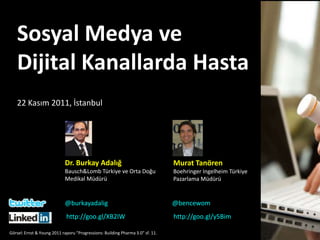 Sosyal Medya ve
   Dijital Kanallarda Hasta
   22 Kasım 2011, İstanbul




                            Dr. Burkay Adalığ                                   Murat Tanören
                            Bausch&Lomb Türkiye ve Orta Doğu                    Boehringer Ingelheim Türkiye
                            Medikal Müdürü                                      Pazarlama Müdürü


                            @burkayadalig                                       @bencewom
                             http://goo.gl/XB2IW                                http://goo.gl/y5Bim

Görsel: Ernst & Young 2011 raporu “Progressions: Building Pharma 3.0” sf. 11.
 