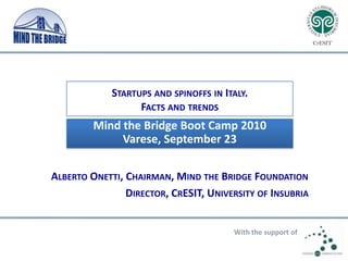 Startups and spinoffs in Italy.Facts and trends Mind the Bridge Boot Camp 2010 Varese, September 23 Alberto Onetti, Chairman, Mind the Bridge Foundation 		  Director, CrESIT, University of Insubria With the support of 