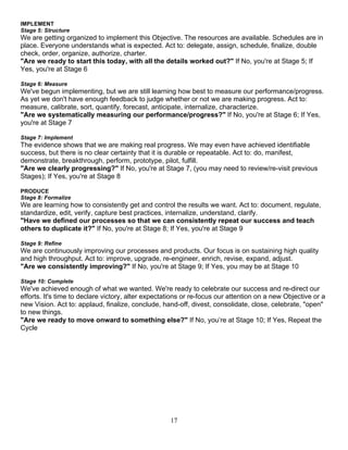 17
IMPLEMENT
Stage 5: Structure
We are getting organized to implement this Objective. The resources are available. Schedules are in
place. Everyone understands what is expected. Act to: delegate, assign, schedule, finalize, double
check, order, organize, authorize, charter.
"Are we ready to start this today, with all the details worked out?" If No, you're at Stage 5; If
Yes, you're at Stage 6
Stage 6: Measure
We've begun implementing, but we are still learning how best to measure our performance/progress.
As yet we don't have enough feedback to judge whether or not we are making progress. Act to:
measure, calibrate, sort, quantify, forecast, anticipate, internalize, characterize.
"Are we systematically measuring our performance/progress?" If No, you're at Stage 6; If Yes,
you're at Stage 7
Stage 7: Implement
The evidence shows that we are making real progress. We may even have achieved identifiable
success, but there is no clear certainty that it is durable or repeatable. Act to: do, manifest,
demonstrate, breakthrough, perform, prototype, pilot, fulfill.
"Are we clearly progressing?" If No, you're at Stage 7, (you may need to review/re-visit previous
Stages); If Yes, you're at Stage 8
PRODUCE
Stage 8: Formalize
We are learning how to consistently get and control the results we want. Act to: document, regulate,
standardize, edit, verify, capture best practices, internalize, understand, clarify.
"Have we defined our processes so that we can consistently repeat our success and teach
others to duplicate it?" If No, you're at Stage 8; If Yes, you're at Stage 9
Stage 9: Refine
We are continuously improving our processes and products. Our focus is on sustaining high quality
and high throughput. Act to: improve, upgrade, re-engineer, enrich, revise, expand, adjust.
"Are we consistently improving?" If No, you're at Stage 9; If Yes, you may be at Stage 10
Stage 10: Complete
We've achieved enough of what we wanted. We're ready to celebrate our success and re-direct our
efforts. It's time to declare victory, alter expectations or re-focus our attention on a new Objective or a
new Vision. Act to: applaud, finalize, conclude, hand-off, divest, consolidate, close, celebrate, "open"
to new things.
"Are we ready to move onward to something else?" If No, you’re at Stage 10; If Yes, Repeat the
Cycle
 