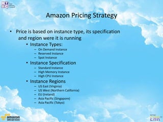 Amazon Pricing Strategy
• Price is based on instance type, its specification
and region were it is running
• Instance Types:
– On Demand Instance
– Reserved Instance
– Spot Instance
• Instance Specification
– Standard Instance
– High Memory Instance
– High CPU Instance
• Instance Regions
– US East (Virginia)
– US West (Northern California)
– EU (Ireland)
– Asia Pacific (Singapore)
– Asia Pacific (Tokyo)
 