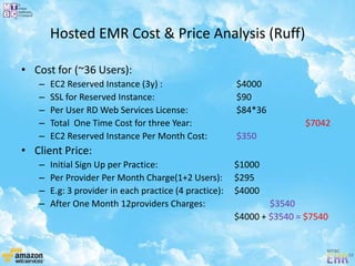 Hosted EMR Cost & Price Analysis (Ruff)
• Cost for (~36 Users):
– EC2 Reserved Instance (3y) : $4000
– SSL for Reserved Instance: $90
– Per User RD Web Services License: $84*36
– Total One Time Cost for three Year: $7042
– EC2 Reserved Instance Per Month Cost: $350
• Client Price:
– Initial Sign Up per Practice: $1000
– Per Provider Per Month Charge(1+2 Users): $295
– E.g: 3 provider in each practice (4 practice): $4000
– After One Month 12providers Charges: $3540
$4000 + $3540 = $7540
 