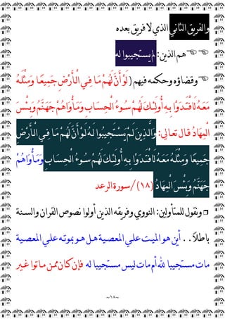 ~
١٨
~
‫ﻧﻲ‬‫ﺎ‬‫ﻟﺜ‬‫ﺍ‬‫ﻳﻖ‬‫ﺮ‬‫ﻟﻔ‬‫ﺍ‬‫ﻭ‬
‫ﺑﻌﺪﻩ‬‫ﻳﻖ‬‫ﺮ‬‫ﻓ‬‫ﻻ‬‫ﻟﺬﻱ‬‫ﺍ‬

‫ﻳ‬‫ﺬ‬‫ﻟ‬‫ﺍ‬‫ﻫﻢ‬
‫ﻦ‬
:
‫ﻟﻪ‬‫ﻳﺴﺘﺠﻴﺒﻮﺍ‬‫ﱂ‬

‫ﻓﻴﻬﻢ‬‫ﻭﺣﻜﻤﻪ‬‫ﻭﻗﻀﺎﺅﻩ‬
)

‫ﻪ‬‫َـ‬‫ﻠ‬ْ
‫ﺜ‬
‫ﻣ‬
‫ﻭ‬‫ـﺎ‬
‫ﻌ‬‫ﻴ‬
‫ﻤ‬
‫ﺟ‬ِ
‫ﺽ‬
‫ﺭ‬َ‫ﺄ‬‫ْـ‬
‫ﻟ‬‫ﺍ‬‫ـﻲ‬
‫ﻓ‬‫ـﺎ‬
‫ﻣ‬
‫ﻢ‬‫ـ‬
‫ﻬ‬َ‫ﻟ‬
‫ﻥ‬َ‫ﺃ‬
‫ﻮ‬َ‫ﻟ‬

‫ﺲ‬ْ
‫ﺌ‬‫ـ‬‫ـ‬ِ
‫ﺑ‬
‫ﻭ‬
‫ﻢ‬
‫ﻨ‬‫ـ‬‫ـ‬
‫ﻬ‬
‫ﺟ‬
‫ﻢ‬
‫ﻫ‬‫ﺍ‬
‫ﻭ‬ْ
‫ﺄ‬‫ـ‬‫ـ‬
‫ﻣ‬
‫ﻭ‬ِ
‫ﺏ‬‫ـﺎ‬‫ـ‬
‫ﺴ‬
‫ﺤ‬ْ
‫ﻟ‬‫ﺍ‬
‫ﺀ‬‫ـﻮ‬‫ـ‬
‫ﺳ‬
‫ﻢ‬‫ـ‬‫ـ‬
‫ﻬ‬َ‫ﻟ‬
‫ﻚ‬‫ـ‬‫ـ‬
‫ﺌ‬َ‫ﻟ‬‫ﻭ‬ُ‫ﺃ‬
‫ﻪ‬‫ـ‬‫ـ‬ِ
‫ﺑ‬‫ﺍ‬
‫ﻭ‬
‫ﺪ‬‫ـ‬‫ـ‬َ‫ﺘ‬ْ
‫ﻓ‬‫َﺎ‬‫ﻟ‬
‫ﻪ‬‫ـ‬‫ـ‬
‫ﻌ‬
‫ﻣ‬
‫ﺗﻌـﺎﱄ‬‫ﻗـﺎﻝ‬
‫ﺩ‬‫ﺎ‬
‫ﻬ‬
‫ﻤ‬ْ
‫ﻟ‬‫ﺍ‬
:
َ‫ﻟ‬
‫ﻥ‬َ‫ﺃ‬
‫ﻮ‬‫َـ‬‫ﻟ‬
‫ﻪ‬‫َـ‬‫ﻟ‬‫ﻮﺍ‬
‫ﺒ‬‫ِﻴ‬
‫ﺠ‬َ‫ﺘ‬‫ـ‬
‫ﺴ‬
‫ﻳ‬
‫ﻢ‬‫َـ‬‫ﻟ‬
‫ﻦ‬‫ﻳ‬
‫ﺬ‬‫ﱠـ‬
‫ﻟ‬‫ﺍ‬
‫ﻭ‬
ِ
‫ﺽ‬
‫ﺭ‬َ‫ﺄ‬‫ْـ‬
‫ﻟ‬‫ﺍ‬‫ـﻲ‬
‫ﻓ‬‫ـﺎ‬
‫ﻣ‬
‫ﻢ‬‫ـ‬
‫ﻬ‬
ِ
‫ﺏ‬‫ـﺎ‬
‫ﺴ‬
‫ﺤ‬ْ
‫ﻟ‬‫ﺍ‬
‫ﺀ‬‫ـﻮ‬
‫ﺳ‬
‫ﻢ‬‫ـ‬
‫ﻬ‬َ‫ﻟ‬
‫ﻚ‬‫ـ‬
‫ﺌ‬َ‫ﻟ‬‫ﻭ‬ُ‫ﺃ‬
‫ﻪ‬‫ِـ‬
‫ﺑ‬‫ﺍ‬
‫ﻭ‬
‫ﺪ‬‫َـ‬‫ﺘ‬ْ
‫ﻓ‬‫َﺎ‬‫ﻟ‬
‫ﻪ‬‫ـ‬
‫ﻌ‬
‫ﻣ‬
‫ﻪ‬‫َـ‬‫ﻠ‬ْ
‫ﺜ‬
‫ﻣ‬
‫ﻭ‬‫ﺎ‬
‫ﻌ‬‫ﻴ‬
‫ﻤ‬
‫ﺟ‬

‫ﻢ‬
‫ﻫ‬‫ﺍ‬
‫ﻭ‬ْ
‫ﺄ‬‫ـ‬
‫ﻣ‬
‫ﻭ‬

‫ﺩ‬‫ﺎ‬
‫ﻬ‬
‫ﻤ‬ْ
‫ﻟ‬‫ﺍ‬
‫ﺲ‬ْ
‫ﺌ‬ِ
‫ﺑ‬
‫ﻭ‬
‫ﻢ‬
‫ﻨ‬
‫ﻬ‬
‫ﺟ‬
)
١٨
(
/
‫ﻟﺮﻋﺪ‬‫ﺍ‬‫ﺳﻮﺭﺓ‬
❒
‫ﻟﲔ‬‫ﻭ‬‫ﻟﻠﻤﺘﺄ‬‫ﻧﻘﻮﻝ‬‫ﻭ‬
:
‫ﻟﺴـﻨﺔ‬‫ﺍ‬‫ﻭ‬‫ﻟﻘﺮﺍﻥ‬‫ﺍ‬‫ﻧﺼﻮﺹ‬‫ﻟﻮﺍ‬‫ﻭ‬‫ﺃ‬‫ﻳﻦ‬‫ﺬ‬‫ﻟ‬‫ﺍ‬‫ﻳﻘﻪ‬‫ﺮ‬‫ﻭﻓ‬‫ﻟﻨﻮﻭﻱ‬‫ﺍ‬

‫ﻼ‬‫ﺑﺎﻃ‬
..
‫ﺍﳌﻌﺼـﻴﺔ‬‫ﻋﻠـﻲ‬‫ﲟﻮﺗـﻪ‬‫ﻫـﻮ‬‫ﻫـﻞ‬‫ﺍﳌﻌﺼـﻴﺔ‬‫ﻋﻠـﻲ‬‫ﺍﳌﻴـﺖ‬‫ﻫﻮ‬‫ﻳﻦ‬‫ﺃ‬
‫ﻟﻪ‬‫ﻣﺴﺘﺠﻴﺒﺎ‬‫ﻟﻴﺲ‬‫ﻣﺎﺕ‬‫ﺃﻡ‬‫ﻣﺴﺘﺠﻴﺒﺎ‬‫ﻣﺎﺕ‬
‫ﻏـﲑ‬‫ﻣـﺎﺗﻮﺍ‬‫ﳑـﻦ‬‫ﻛـﺎﻥ‬‫ﻓﺈﻥ‬
 