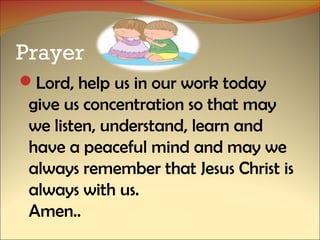 Prayer
Lord, help us in our work today
give us concentration so that may
we listen, understand, learn and
have a peaceful mind and may we
always remember that Jesus Christ is
always with us.
Amen..
 
