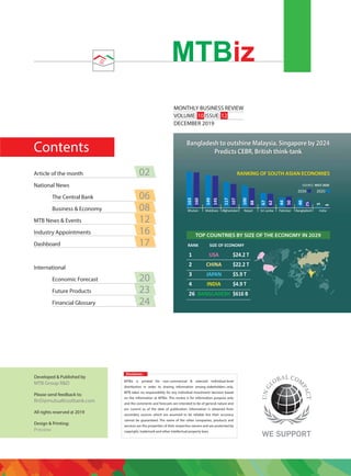Contents
MONTHLY BUSINESS REVIEW
VOLUME: 10 ISSUE: 12
DECEMBER 2019
MTBiz
Disclaimer:
MTBiz is printed for non-commercial & selected individual-level
distribution in order to sharing information among stakeholders only.
MTB takes no responsibility for any individual investment decision based
on the information at MTBiz. This review is for information purpose only
and the comments and forecasts are intended to be of general nature and
are current as of the date of publication. Information is obtained from
secondary sources which are assumed to be reliable but their accuracy
cannot be guaranteed. The name of the other companies, products and
services are the properties of their respective owners and are protected by
copyright, trademark and other intellectual property laws.
Developed & Published by
MTB Group R&D
Please send feedback to:
RnD@mutualtrustbank.com
All rights reserved @ 2019
Design & Printing:
Preview
Article of the month 02
National News
The Central Bank 06
Business & Economy 08
MTB News & Events 12
Industry Appointments 16
Dashboard 17
International
Economic Forecast 20
Future Products 23
Financial Glossary 24
MONTHLY BUSINESS REVIEW
VOLUME: 10 ISSUE: 12
DECEMBER 2019
Bangladesh to outshine Malaysia, Singapore by 2024
Predicts CEBR, British think-tank
RANKING OF SOUTH ASIAN ECONOMIES
SOURCE: WELT 2020
20202034
149
107
117
88
100
62
67
50
145
163
160
44
25
3
40
5
RANK SIZE OF ECONOMY
1
2
3
4
26
$24.2 T
$22.2 T
$5.9 T
$4.9 T
$616 B
USA
CHINA
JAPAN
INDIA
BANGLADESH
TOP COUNTRIES BY SIZE OF THE ECONOMY IN 2029
Bangladesh to outshine Malaysia, Singapore by 2024
Predicts CEBR, British think-tank
Bhutan Maldives Afghanistan Nepal Sri Lanka Pakistan Bangladesh India
 