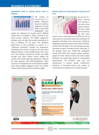 BUSINESS & ECONOMY
10 MTBiz
Sweater exports see robust growth in July-January of
FY19
B a n g l a d e s h ’s
export earnings
from sweaters, a
sub sector of the
apparel industry,
has seen a sharp
rise by 18.57% in
the ﬁrst seven
months of the current ﬁscal year (FY2018-19), due to
improvement in production quality and introduction of
upgraded technology. From July–January FY2018-19,
Bangladesh exported sweaters worth USD 2.93 billion,
up from USD 2.47 billion in the same period a year ago,
according to Export Promotion Bureau (EPB) data. In
the previous ﬁscal year (FY2017-18), Bangladesh
earned $3.67 billion from sweater exports, posting a
growth of 9.32%. Industry insiders and trade analysts
attributed the double digit growth to technological
advancements, the US-China trade war, and
improvement in product quality. Furthermore,
shipments in November–January also picked up,
contributing to an additional rise in export earnings.
Bangladeshis third in availing second home in
Malaysia
The number of
B a n g l a d e s h i s
getting Malaysia's
long-term residency
programme crossed
4,000. A total 4,018
Bangladeshis have
availed the "Malaysia My Second Home" (MM2H)
facility since its inception in 2002, according to the
Kuala Lumpur authority. The MM2H programme
provides social visit pass that enables beneﬁciaries to
stay in Malaysia for 10 years. The Malaysian
government is now promoting its country as a
'retirement destination' through the programme.
According to the ministry of tourism, arts and culture
Malaysia (Motac), around 40,000 citizens from more
than 130 countries received the facility from 2002
through June 2018. Chinese citizens topped the
position with 11,820 approved applications, followed
by 4,618 Japanese, and 4,018 Bangladeshis. These
countries are followed by the United Kingdom (2,608),
South Korea (2,069), Singapore (1,421), Iran (1,381),
Taiwan (1,347), Pakistan (1,017) and India (1,008).
EXPORT EARNINGS IN JULY-JANUARY
FY 2017-18
July
August
Septem
ber
October
Novem
ber
Decem
ber
January
4
3.5
3
2.5
2
1.5
1
0.5
0
FY 2018-19
$ in billion
2.98
3.58
3.64
3.21
2.03
3.14
2.84
3.71
3.05
3.42
3.35
3.42
3.41
3.68
 